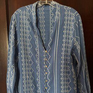 Embroidered lake blue linen shirt